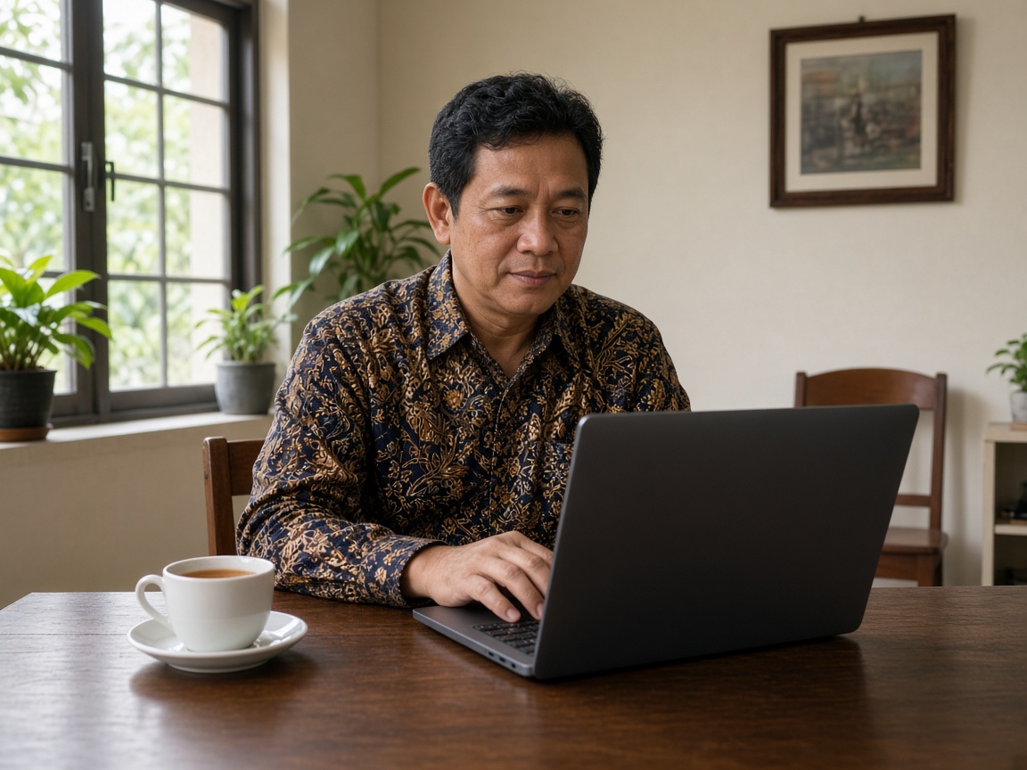 Pengurus komplek mengelola data warga dari laptop